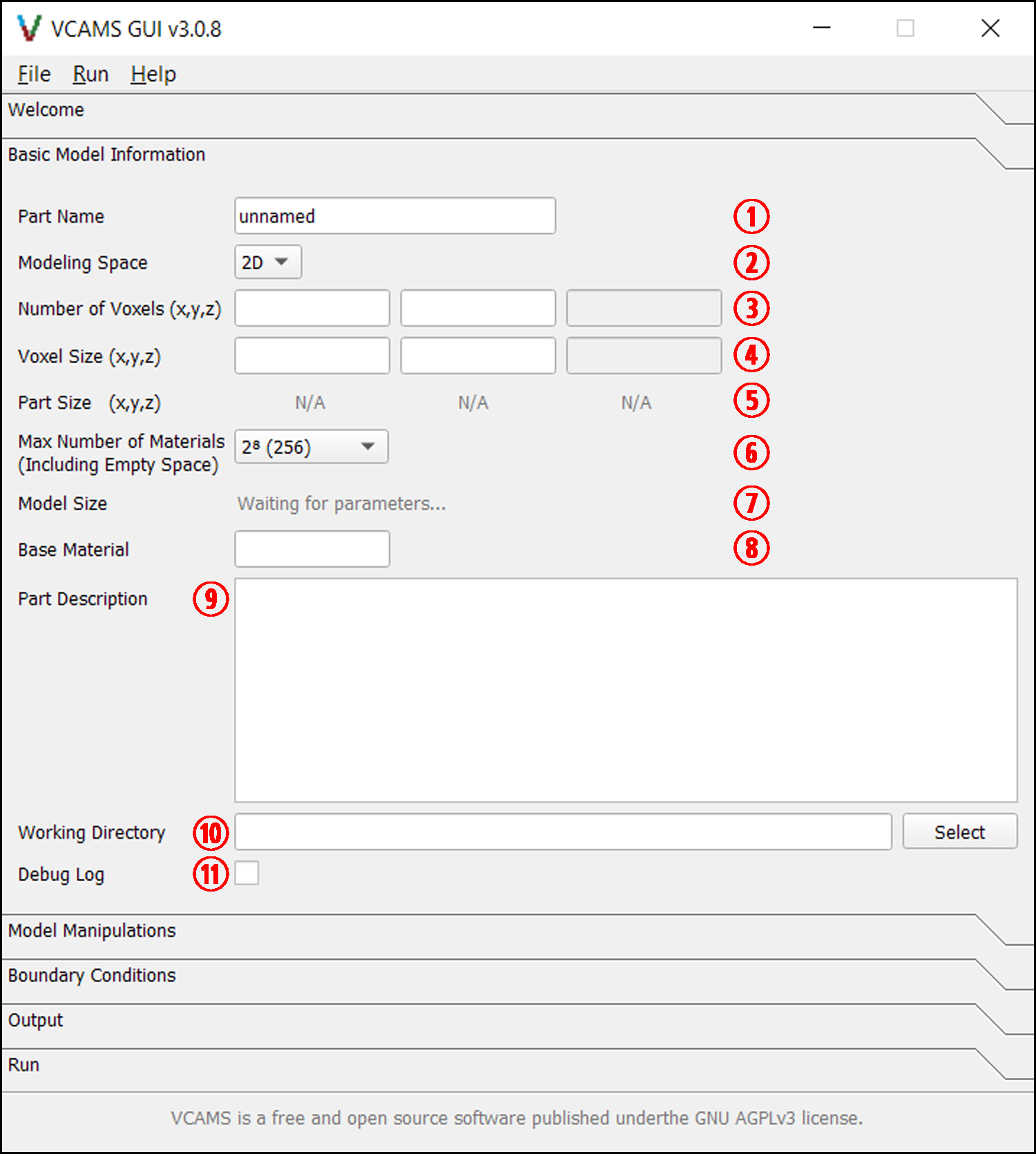 The Basic Model Information page of the VCAMS graphical user interface (GUI).