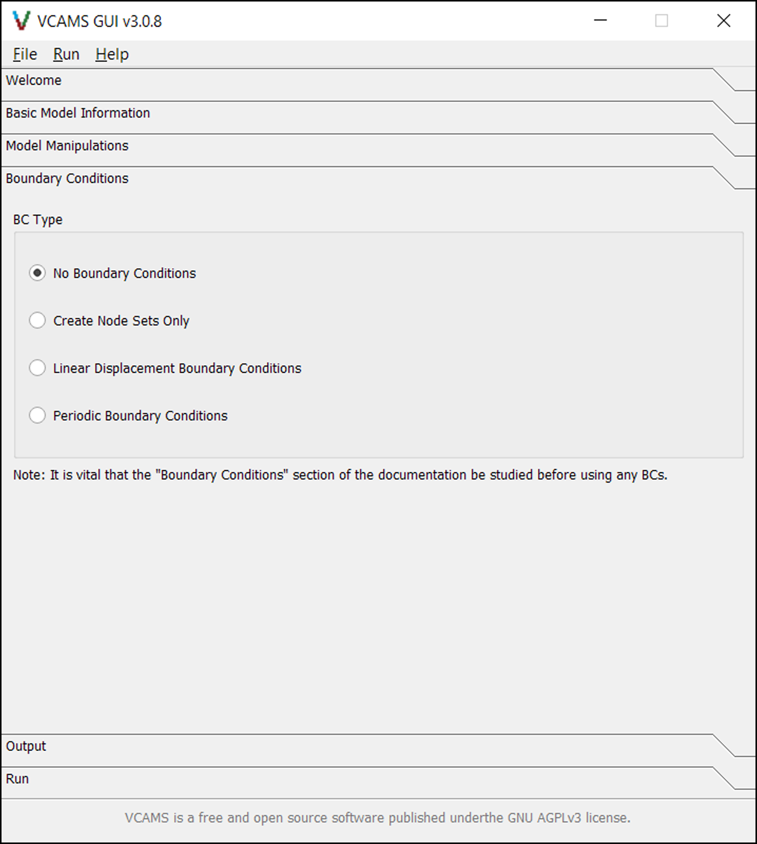 The Boundary Conditions page of the VCAMS graphical user interface (GUI).