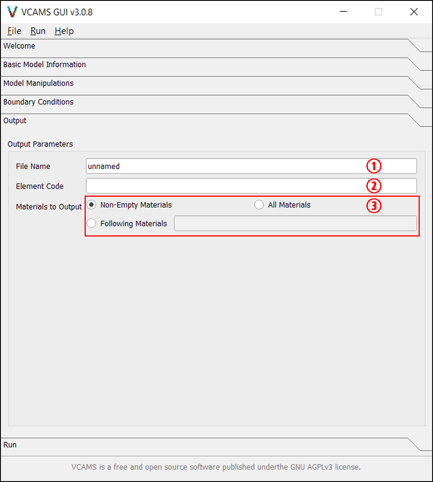 The Output page of the VCAMS graphical user interface (GUI).