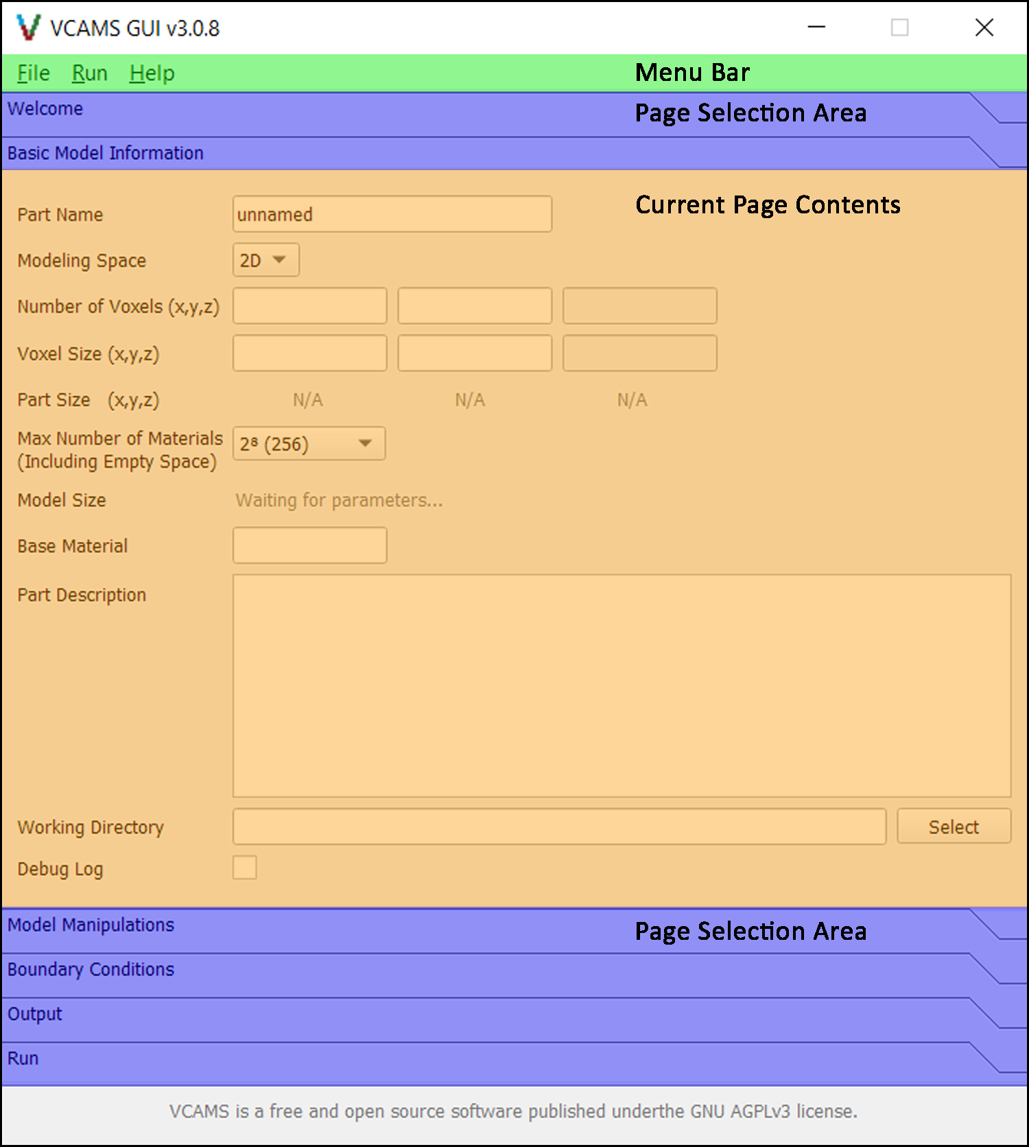 Different sections of the VCAMS graphical user interface (GUI).