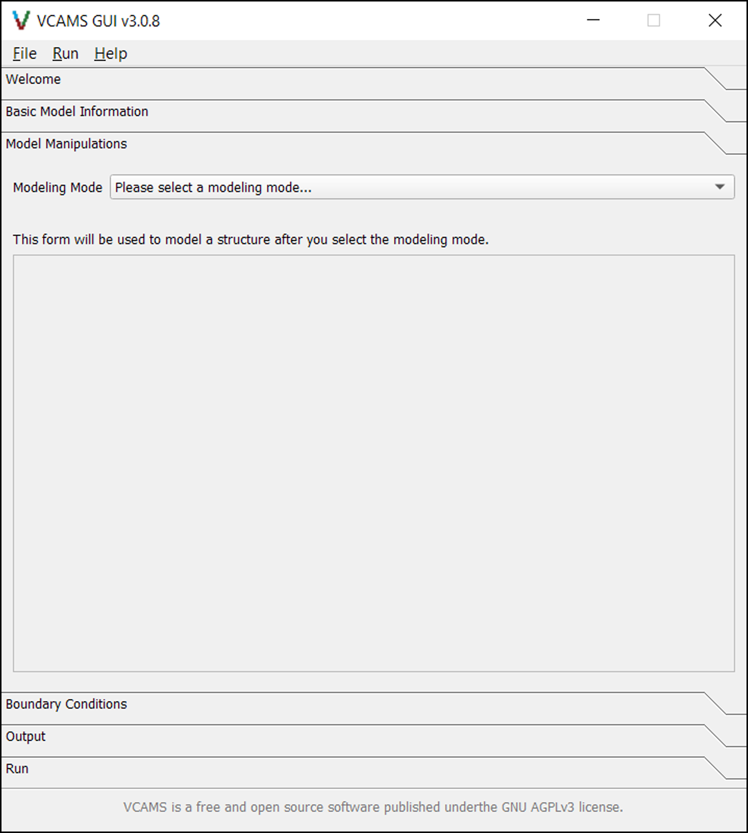 The Model Manipulations page of the VCAMS graphical user interface (GUI).