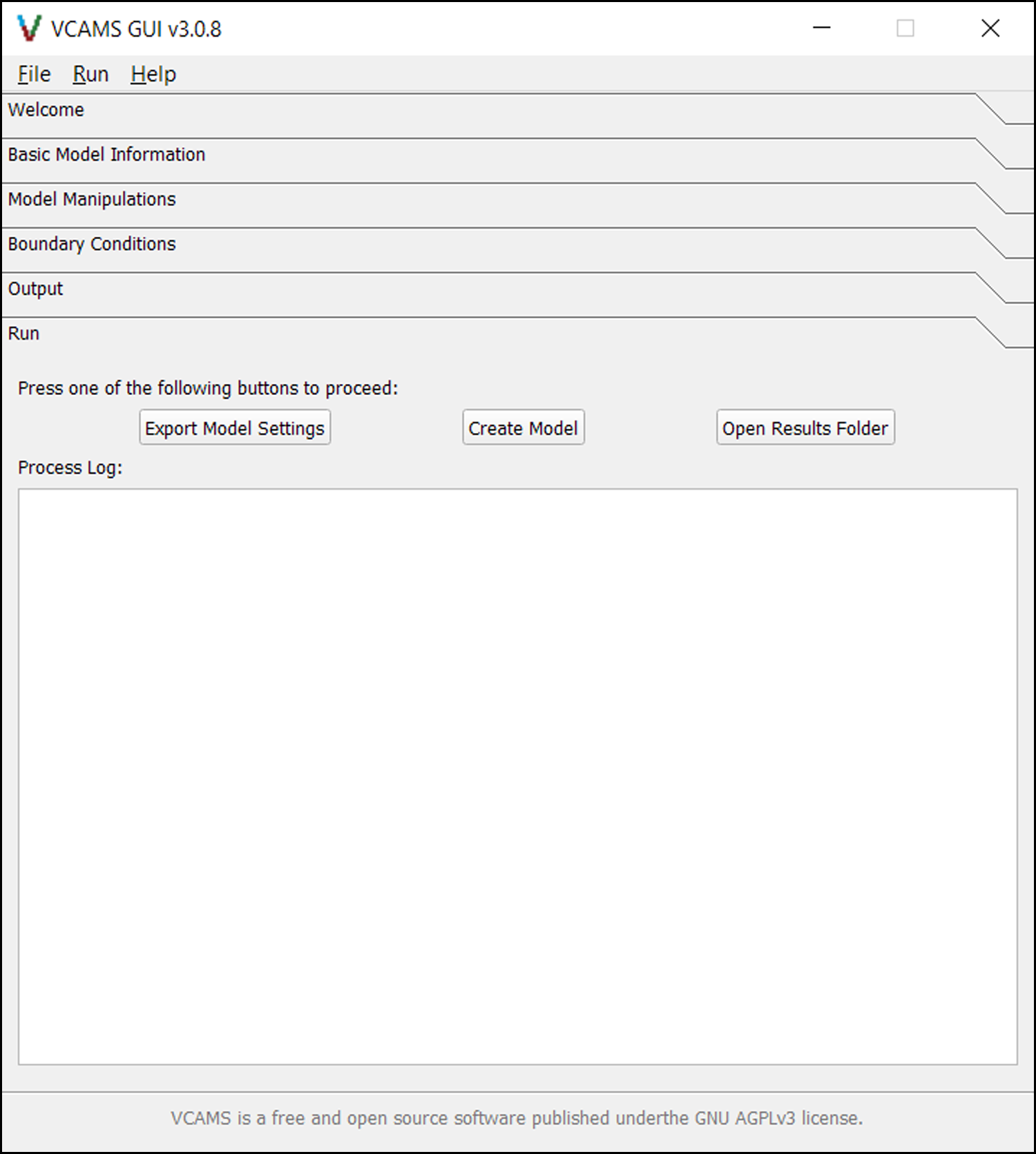 The Run page of the VCAMS graphical user interface (GUI).